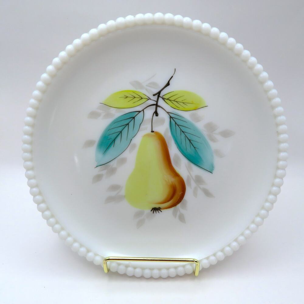 Vintage Milk Glass Decorative Dessert Plate Pear Design Beaded Rim 7.5 Inch